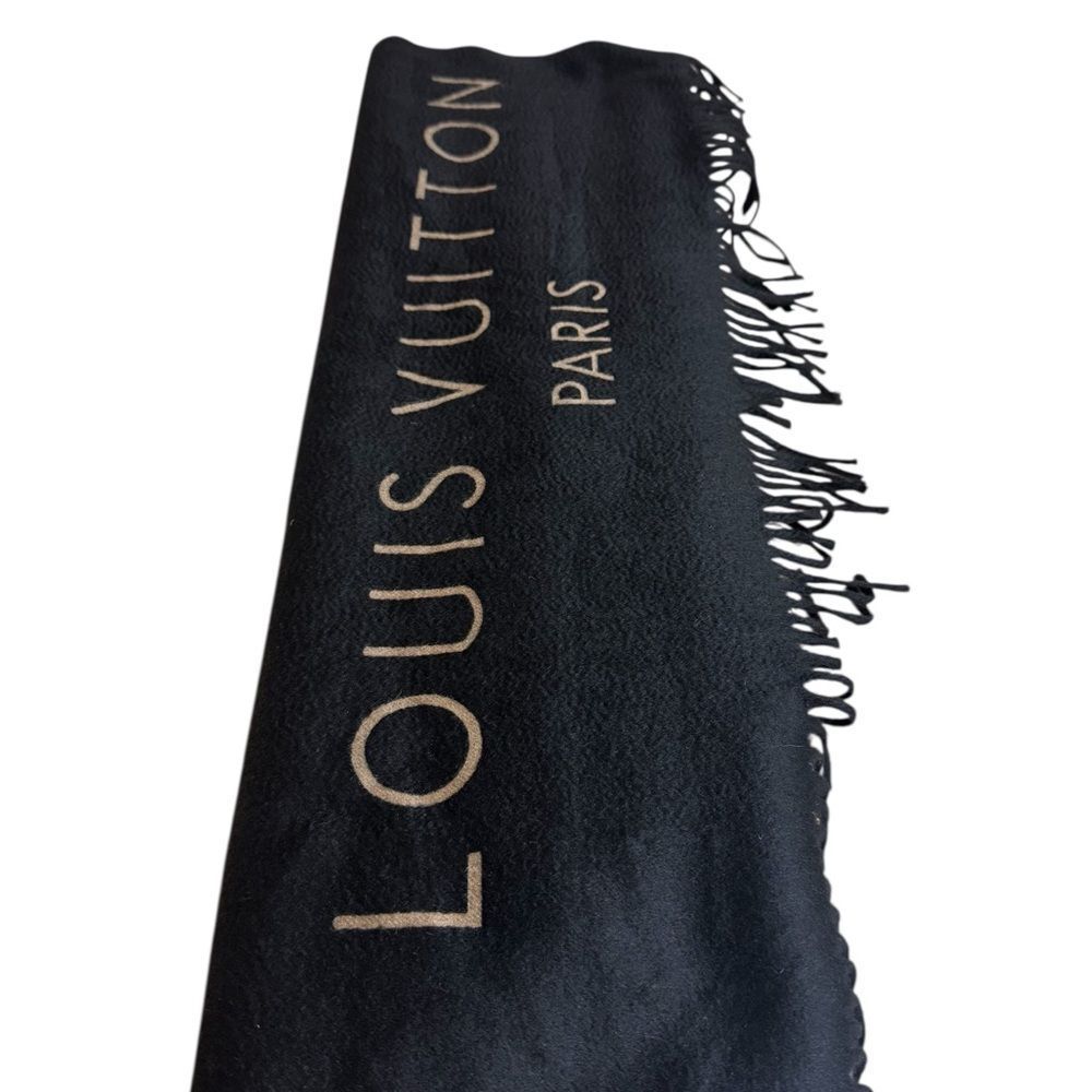 Louis Vuitton Black and Gold 100% Cashmere Large Logo Shawl Wrap Stole Auth - Picture 3 of 16